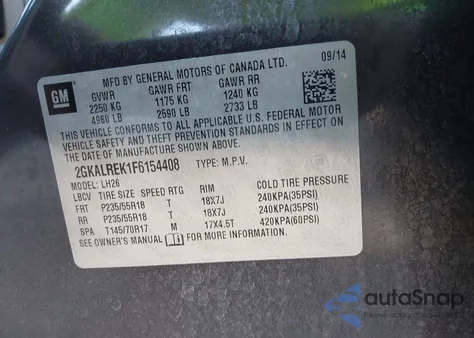 2015 GMC Terrain Sle-2 z USA, uszkodzony, nr VIN 2GKALREK1F6154408